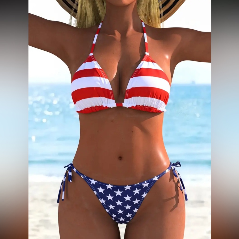 🇺🇸 Patriotic Red & Blue Women's Bikini Set - Classic Stripe & Star Print